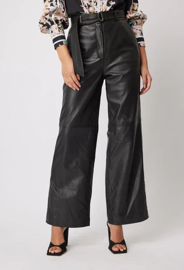 Halston Wide Leg Leather Pant - Black