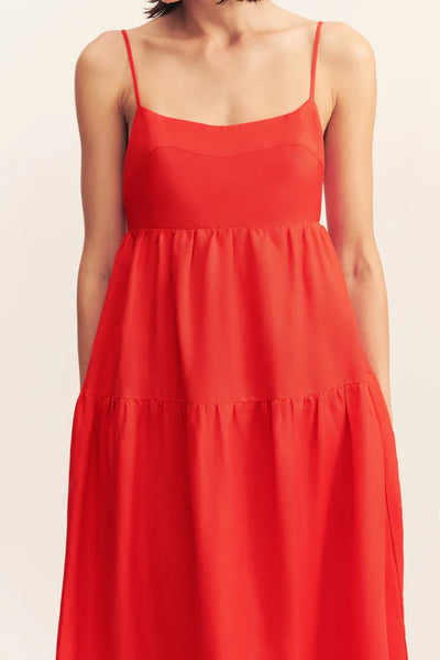 Birdie Scallop Tiered Midi Dress - Red Rose
