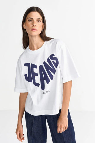 Gentle Fit T-Shirt with Jeans Print - White