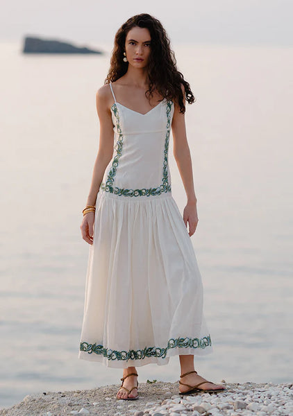 Porto Embroidery Strappy Dress - Ecru