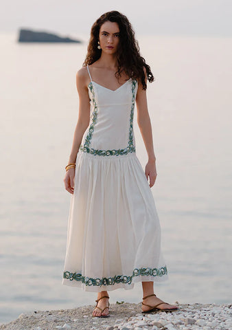 Porto Embroidery Strappy Dress - Ecru