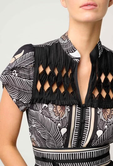 Maha Diamond Smock Yoke Viscose Faille Dress - Onyx Casablanca