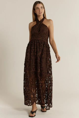 Elara Broderie Dress - Chocolate Brown