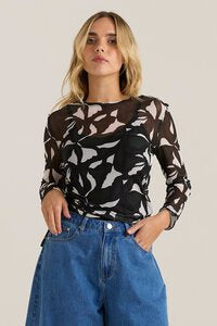 Tarni Mesh Top - Iris Abstract Print