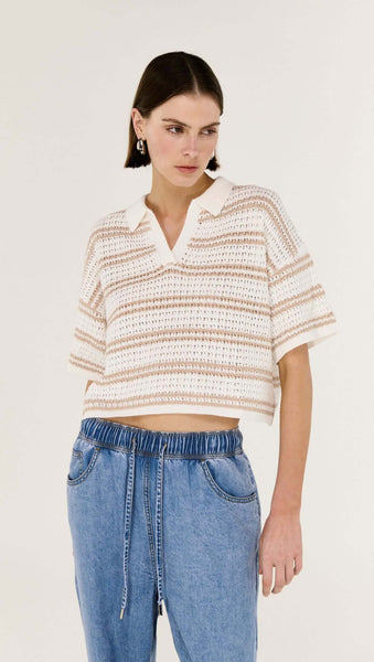 Eamon Knit Polo Tee - White/Beige Stripe - et seQ fashion