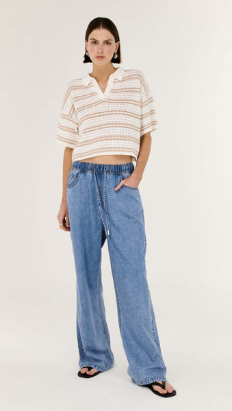 Eamon Knit Polo Tee - White/Beige Stripe - et seQ fashion