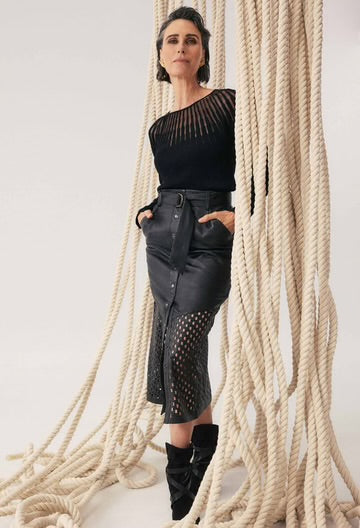 Hypnotic Leather Midi Skirt - Black Lattice - et seQ fashion