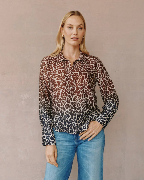 Flowy Wide Collar Button Down Shirt - Ombré Leopard Print - PRE ORDER