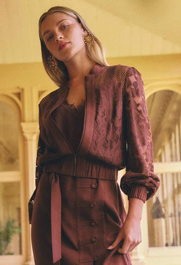 Solene Cotton Blend Placement Lace Bomber - Rosewood