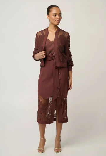 Solene Cotton Blend Placement Lace Bomber - Rosewood