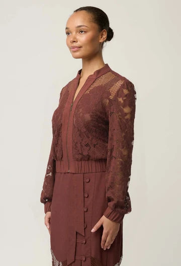Solene Cotton Blend Placement Lace Bomber - Rosewood