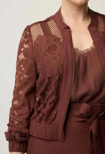 Solene Cotton Blend Placement Lace Bomber - Rosewood