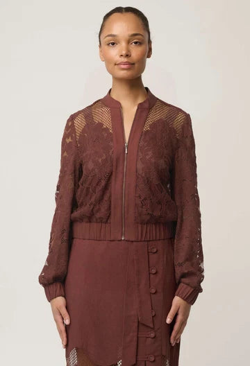 Solene Cotton Blend Placement Lace Bomber - Rosewood