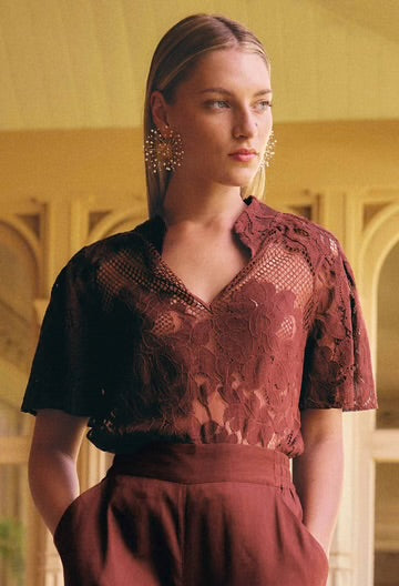 Solene Cotton Blend Lace Short Sleeve Top - Rosewood