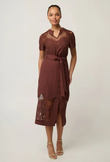 Solene Cotton Blend Lace Short Sleeve Top - Rosewood