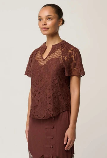 Solene Cotton Blend Lace Short Sleeve Top - Rosewood
