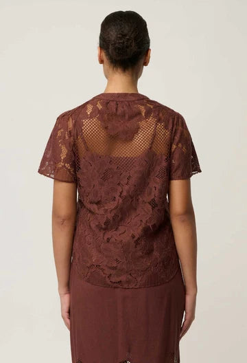 Solene Cotton Blend Lace Short Sleeve Top - Rosewood