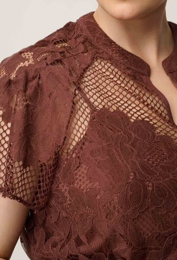 Solene Cotton Blend Lace Short Sleeve Top - Rosewood