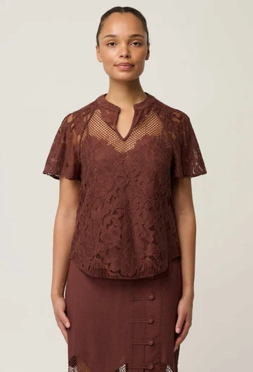 Solene Cotton Blend Lace Short Sleeve Top - Rosewood