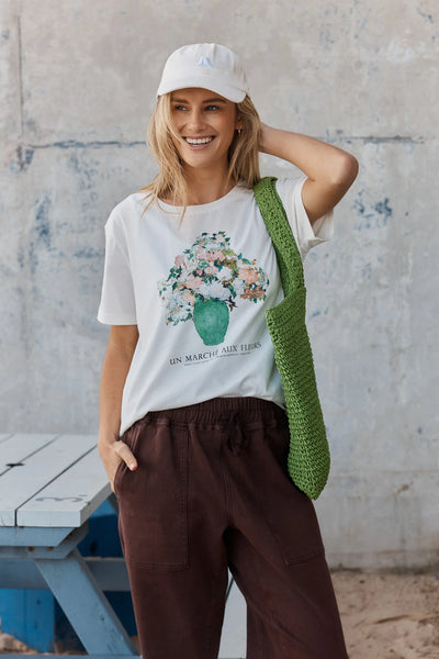 Ellia Crew Tee - Flower print - White - et seQ fashion