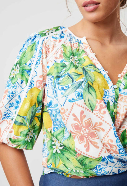 Paradiso Viscose Dobby Binding Detail Volume Sleeve Top - Limonata Print