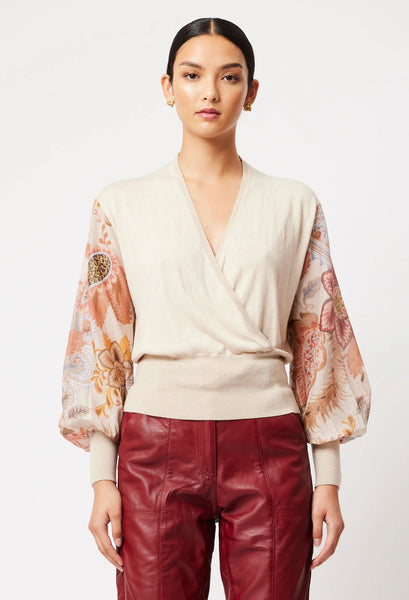 Lyra Rayon Nylon Blend Cross Front Knit - Fawn/Aries Floral A FURTHER 15% OFF AUTOMATICALLY APPLIED AT CHECKOUT