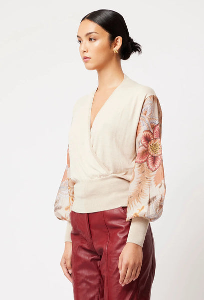 Lyra Rayon Nylon Blend Cross Front Knit - Fawn/Aries Floral A FURTHER 15% OFF AUTOMATICALLY APPLIED AT CHECKOUT