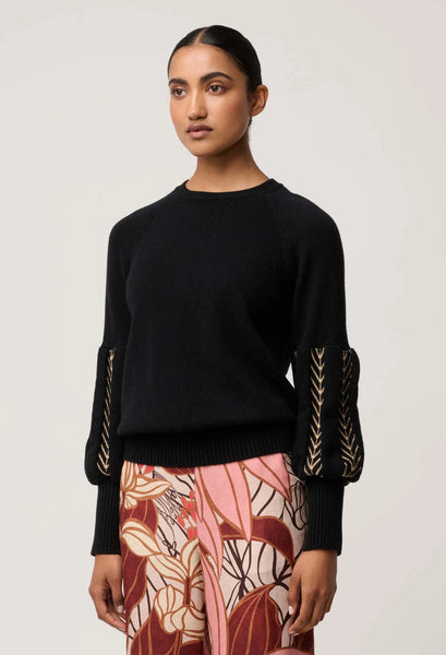 Arden Merino Wool Blend Jacquard Detail Knit Top - Black Braid - et seQ fashion