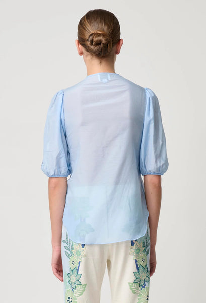 Martinique Cotton Silk Embroidered Top - Sky