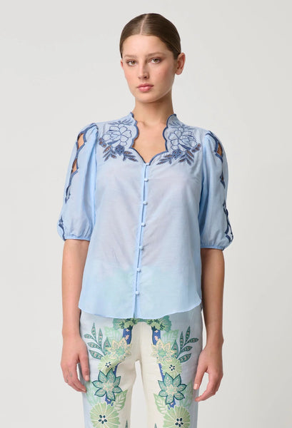 Martinique Cotton Silk Embroidered Top - Sky