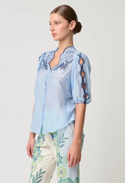 Martinique Cotton Silk Embroidered Top - Sky