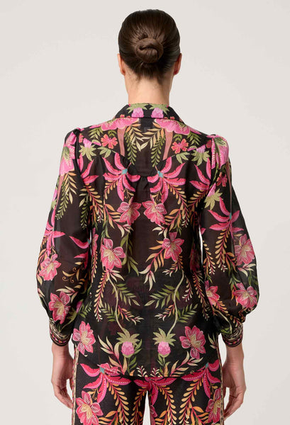 Elysian Silk Cotton Placement Print Cuffed Shirt - Anthos Lotos
