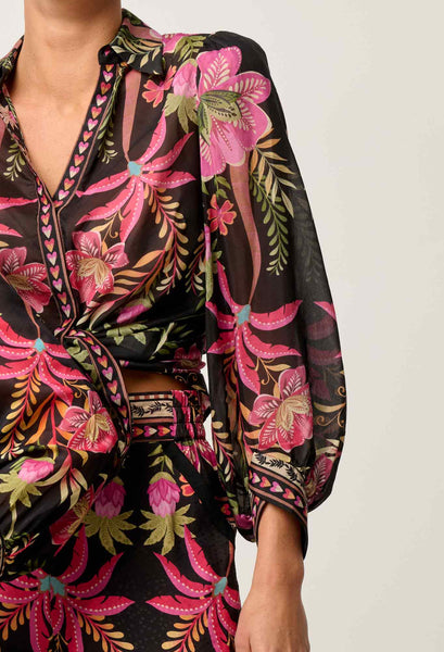Elysian Silk Cotton Placement Print Cuffed Shirt - Anthos Lotos
