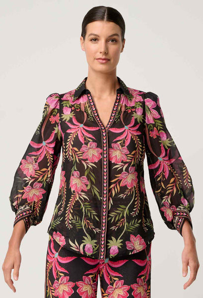 Elysian Silk Cotton Placement Print Cuffed Shirt - Anthos Lotos