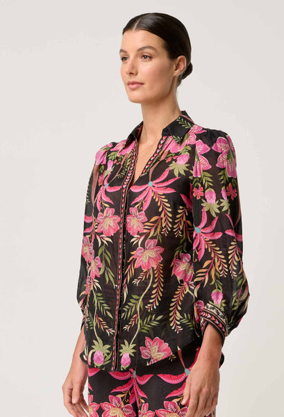 Elysian Silk Cotton Placement Print Cuffed Shirt - Anthos Lotos