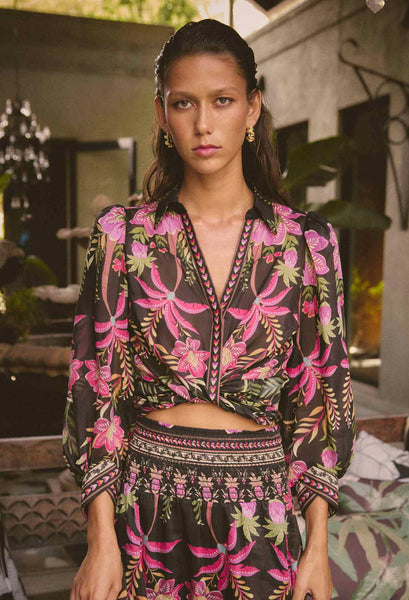 Elysian Silk Cotton Placement Print Cuffed Shirt - Anthos Lotos
