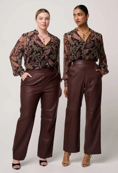 Joan Leather Elasticated Waist Straight Leg Pant - Oxblood