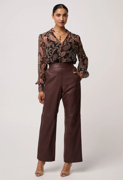 Joan Leather Elasticated Waist Straight Leg Pant - Oxblood