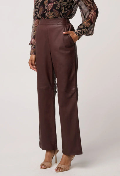 Joan Leather Elasticated Waist Straight Leg Pant - Oxblood