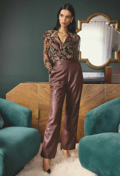 Joan Leather Elasticated Waist Straight Leg Pant - Oxblood