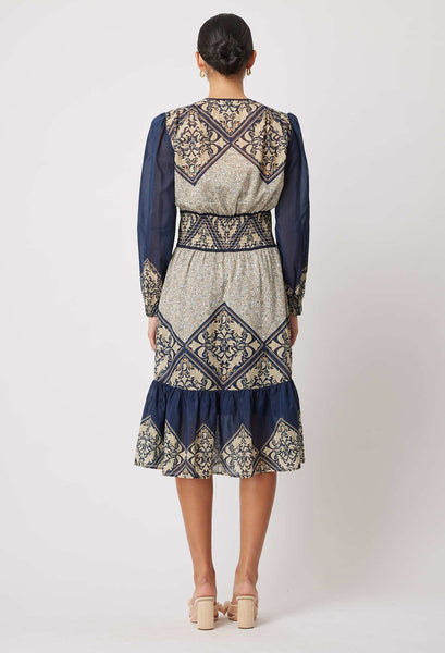 Kasbah Silk/Cotton Blouson Sleeve V-Neck Midi Dress - Nomad Mosaic