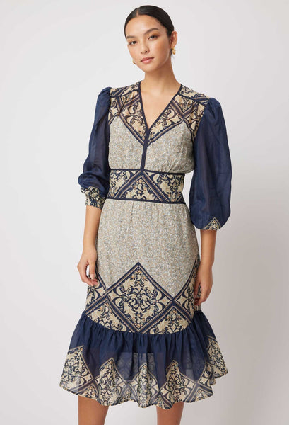 Kasbah Silk/Cotton Blouson Sleeve V-Neck Midi Dress - Nomad Mosaic - et seQ fashion