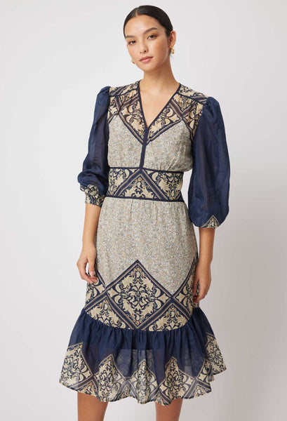 Kasbah Silk/Cotton Blouson Sleeve V-Neck Midi Dress - Nomad Mosaic