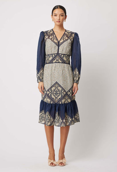 Kasbah Silk/Cotton Blouson Sleeve V-Neck Midi Dress - Nomad Mosaic - et seQ fashion