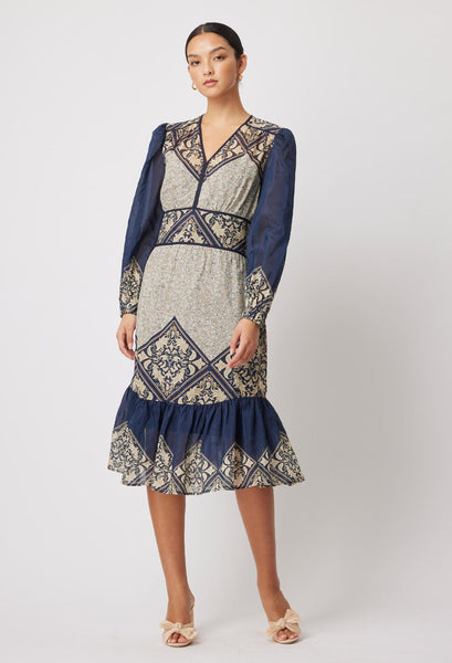 Kasbah Silk/Cotton Blouson Sleeve V-Neck Midi Dress - Nomad Mosaic