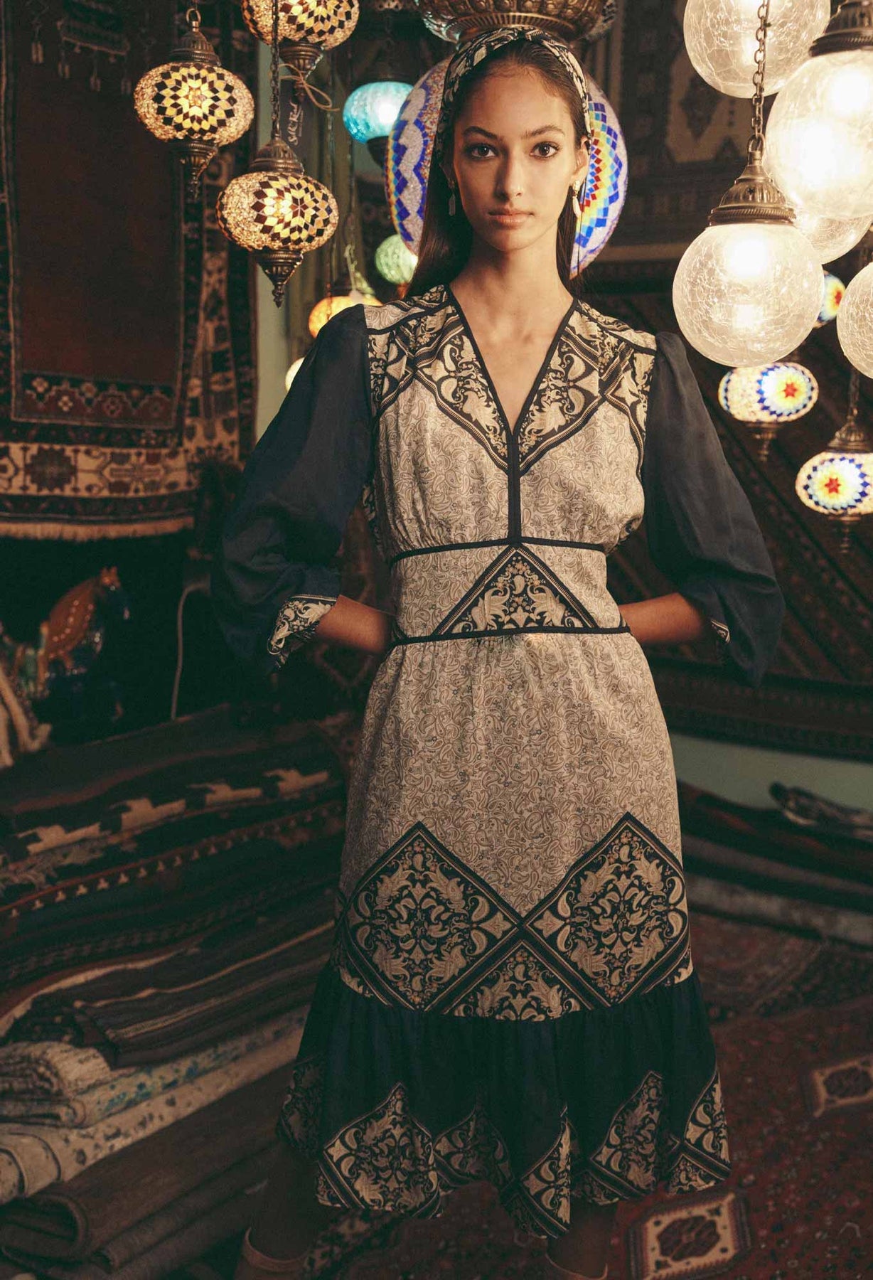 Kasbah Silk/Cotton Blouson Sleeve V-Neck Midi Dress - Nomad Mosaic