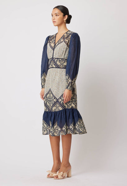 Kasbah Silk/Cotton Blouson Sleeve V-Neck Midi Dress - Nomad Mosaic