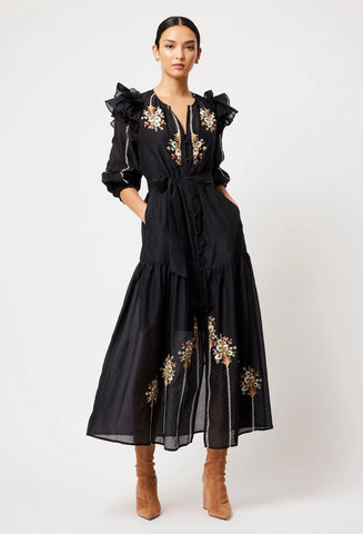 Aquila Cotton Silk Embroidered Maxi Dress - Black