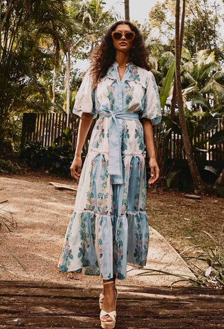 Kaylani Cotton Silk Scallop Maxi Dress - Paradi Flè Print