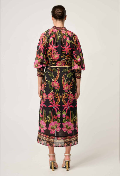 Carmen Silk Cotton Placement Print Maxi Dress - Anthos Lotos